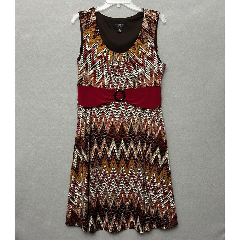Perceptions Women XL Dress Brown Zigzag Y2K Boho Artsy Faux Belt Sleeveless